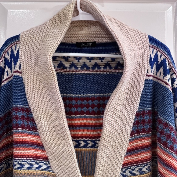 AMOR BOHO BLUE CREAM ORANGE RUST COVER-UP SWEATER BOHEMIAN RETRO  EARTH TONES OS - Picture 4 of 14